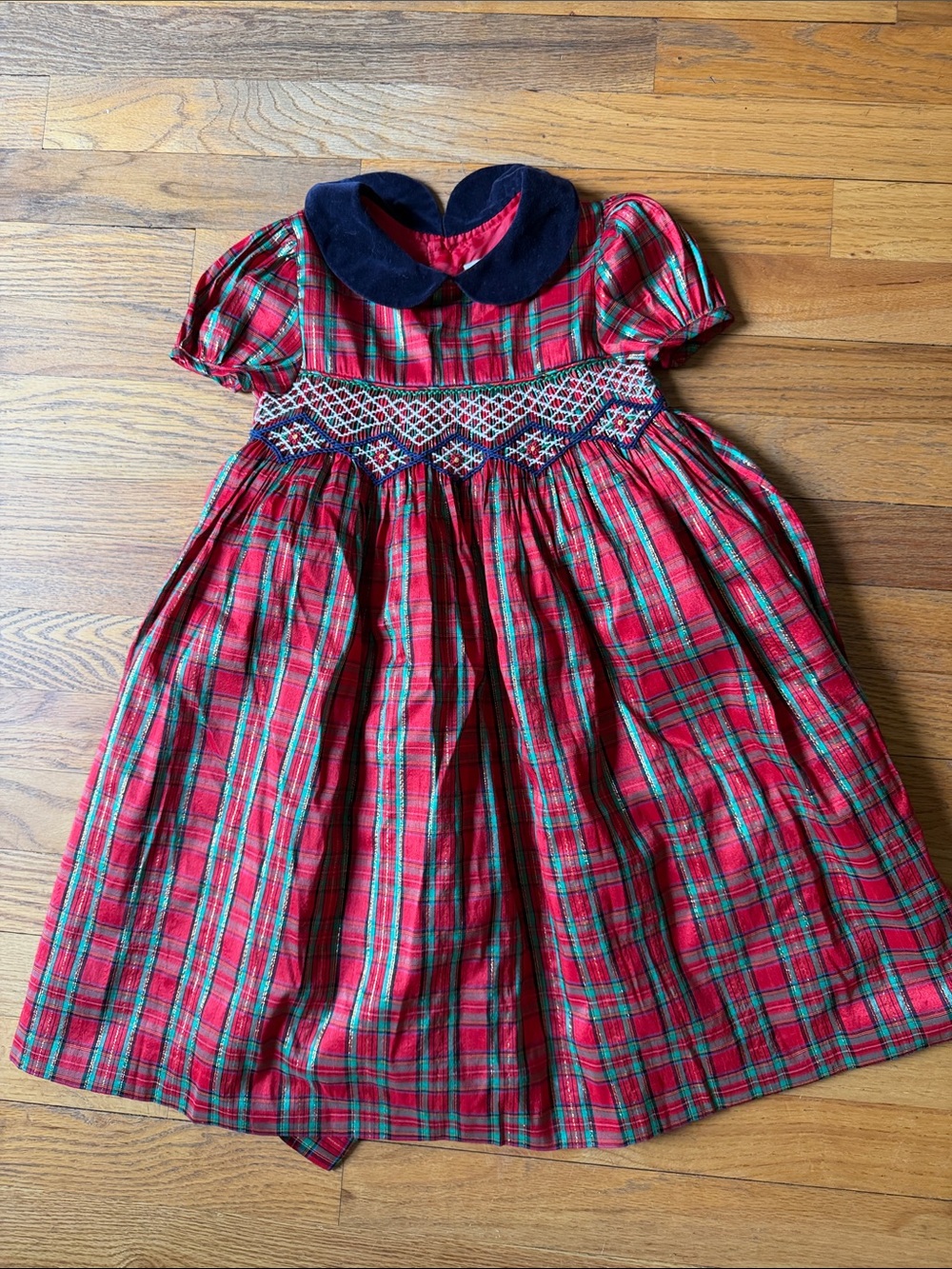 Rare Editions Red Green Plaid Smocked Holiday Dress with Navy Peter Pan Collar
